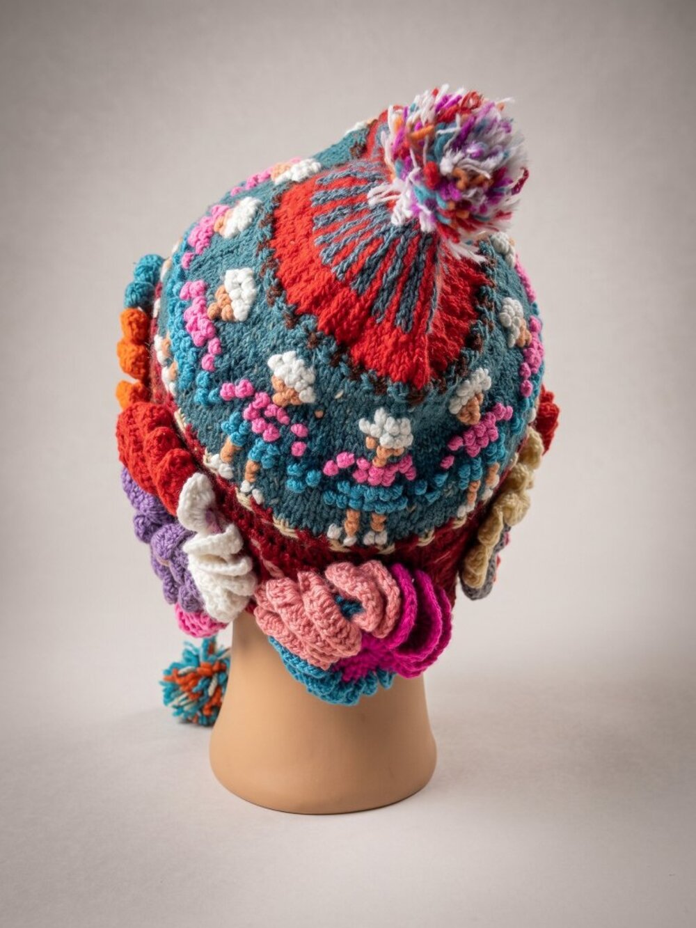 Traditional Andean Wool Chullo Hat with Floral Design – Winter Warmth